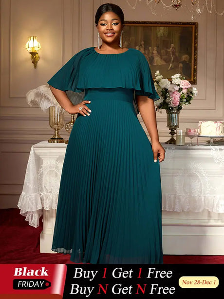 AOMEIDRESS Elegant Maxi Pleated A Line Church Dresses Cape sleeves DarkGreen / S