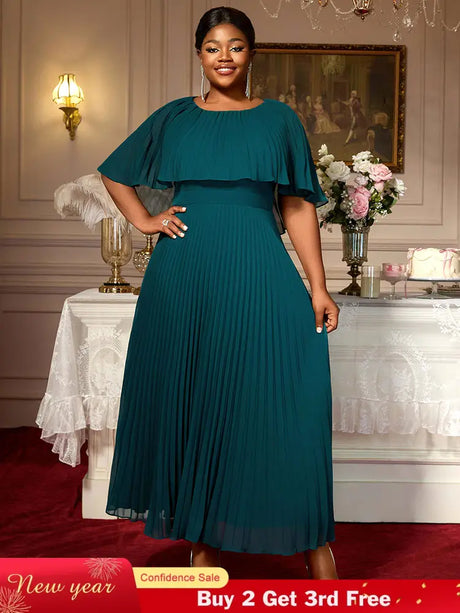 AOMEIDRESS Elegant Maxi Pleated A Line Church Dresses Cape sleeves DarkGreen / S