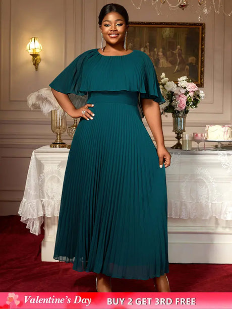 AOMEIDRESS Elegant Maxi Pleated A Line Church Dresses Cape sleeves DarkGreen / S
