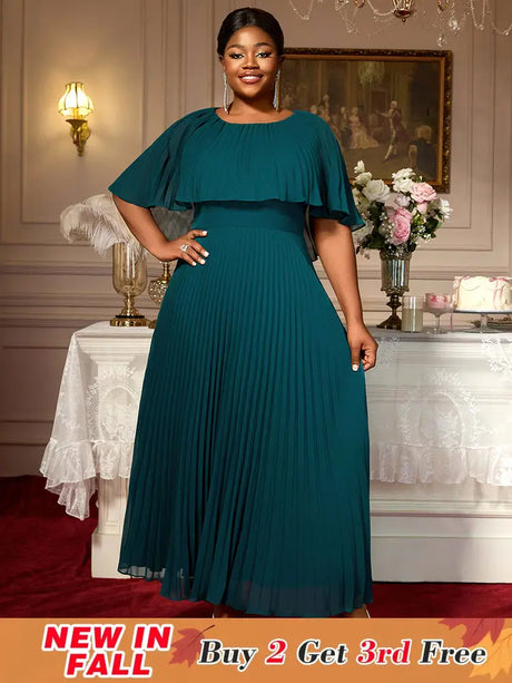 AOMEIDRESS Elegant Maxi Pleated A Line Church Dresses Cape sleeves DarkGreen / S