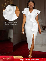 AOMEIDRESS Elegant Maxi Ruffle Dress With 3D Flower for Party Wedding White / S