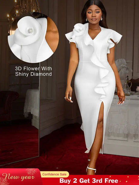 AOMEIDRESS Elegant Maxi Ruffle Dress With 3D Flower for Party Wedding White / S