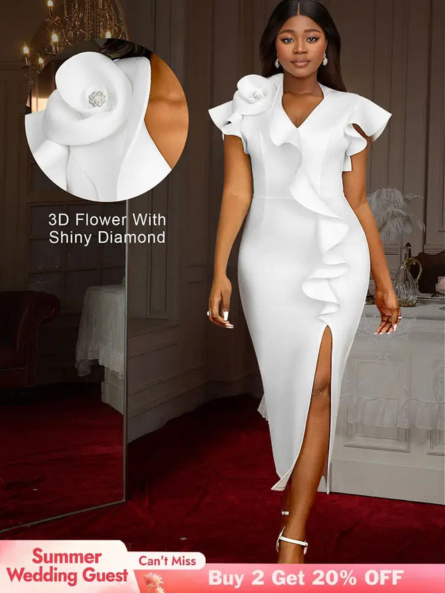 AOMEIDRESS Elegant Maxi Ruffle Dress With 3D Flower for Party Wedding White / S