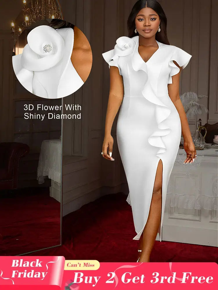 AOMEIDRESS Elegant Maxi Ruffle Dress With 3D Flower for Party Wedding White / S