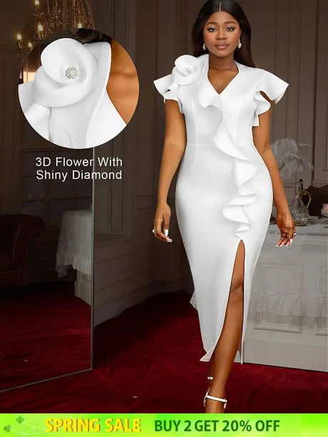 AOMEIDRESS Elegant Maxi Ruffle Dress With 3D Flower for Party Wedding White / S