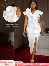 AOMEIDRESS Elegant Maxi Ruffle Dress With 3D Flower for Party Wedding White / S