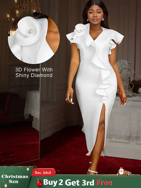 AOMEIDRESS Elegant Maxi Ruffle Dress With 3D Flower for Party Wedding White / S