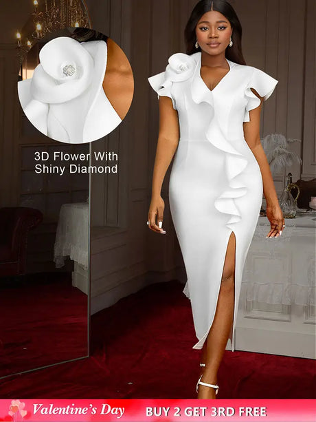 AOMEIDRESS Elegant Maxi Ruffle Dress With 3D Flower for Party Wedding White / S