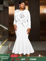 AOMEIDRESS Elegant Mermaid Dress O Neck Long Sleeves 3D Flower Gowns White / L