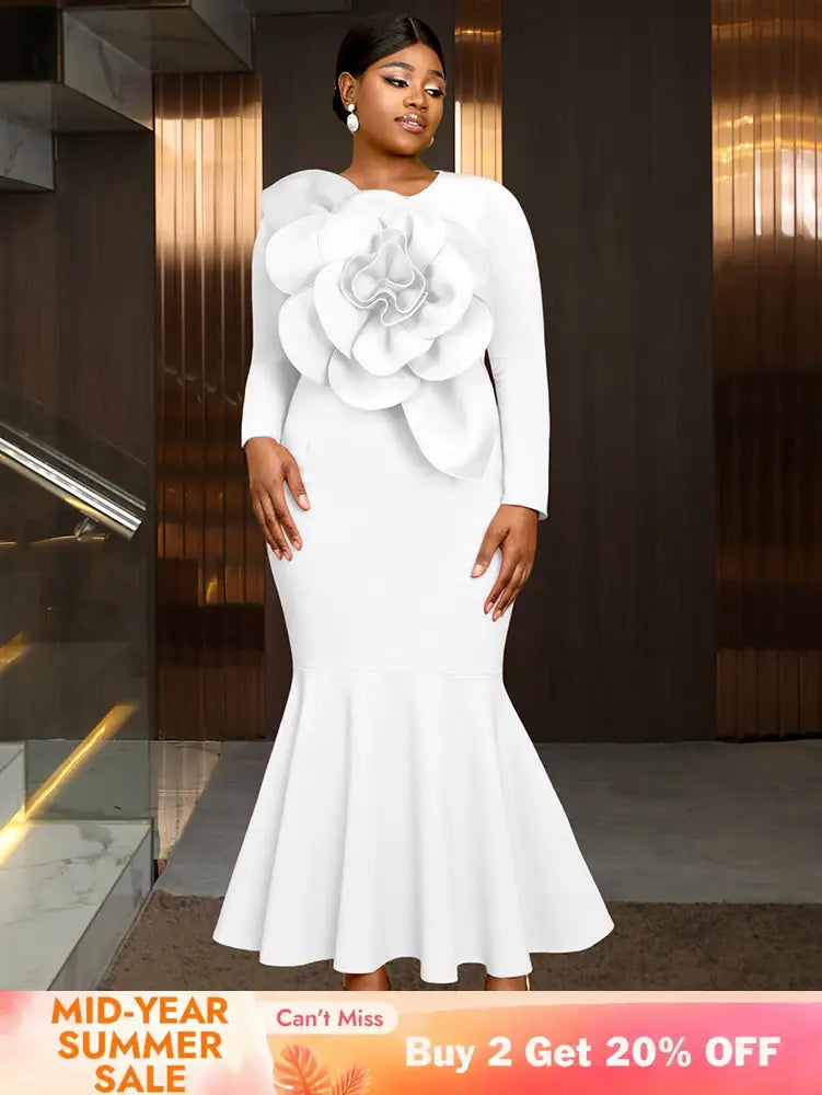 AOMEIDRESS Elegant Mermaid Dress O Neck Long Sleeves 3D Flower Gowns White / L