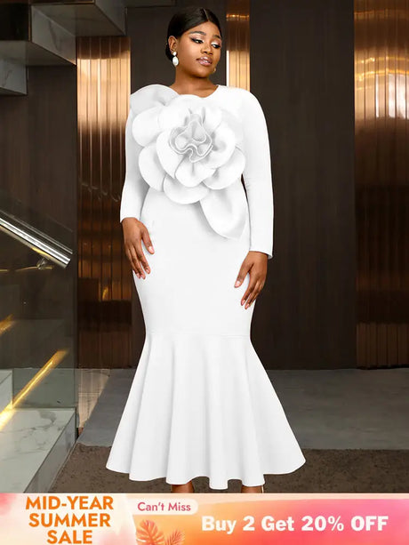 AOMEIDRESS Elegant Mermaid Dress O Neck Long Sleeves 3D Flower Gowns White / L