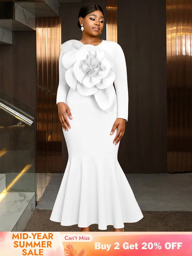 AOMEIDRESS Elegant Mermaid Dress O Neck Long Sleeves 3D Flower Gowns White / L