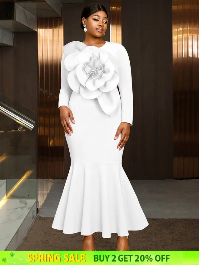 AOMEIDRESS Elegant Mermaid Dress O Neck Long Sleeves 3D Flower Gowns White / L