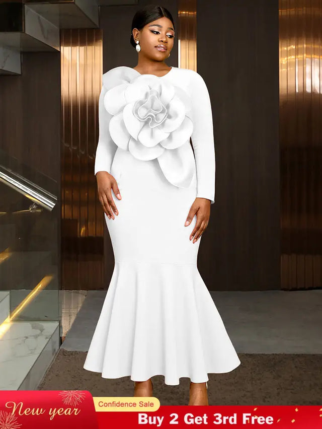 AOMEIDRESS Elegant Mermaid Dress O Neck Long Sleeves 3D Flower Gowns White / L
