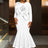 AOMEIDRESS Elegant Mermaid Dress O Neck Long Sleeves 3D Flower Gowns White / L