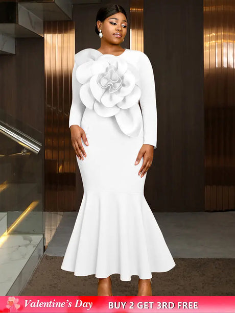 AOMEIDRESS Elegant Mermaid Dress O Neck Long Sleeves 3D Flower Gowns White / L