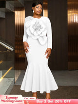AOMEIDRESS Elegant Mermaid Dress O Neck Long Sleeves 3D Flower Gowns White / L