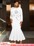 AOMEIDRESS Elegant Mermaid Dress O Neck Long Sleeves 3D Flower Gowns White / L