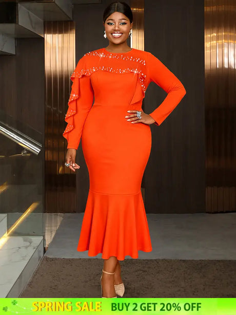 AOMEIDRESS Elegant Mermaid Dress O Neck Ruffles Events Party Gowns Orange / L