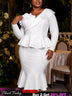 AOMEIDRESS Elegant Mermaid Dress V Neck Long Sleeve Ruffle Peplum - White / S