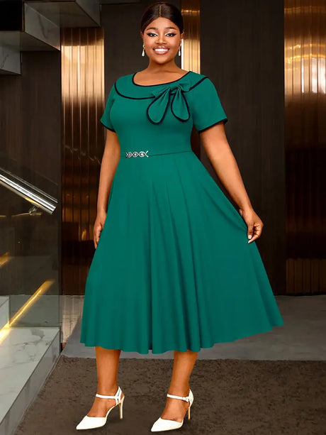 AOMEIDRESS Elegant Midi A Line Church Dress O Neck With Bow Pleated