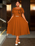 AOMEIDRESS Elegant Midi A Line Church Dress O Neck With Bow Pleated - Brown / L