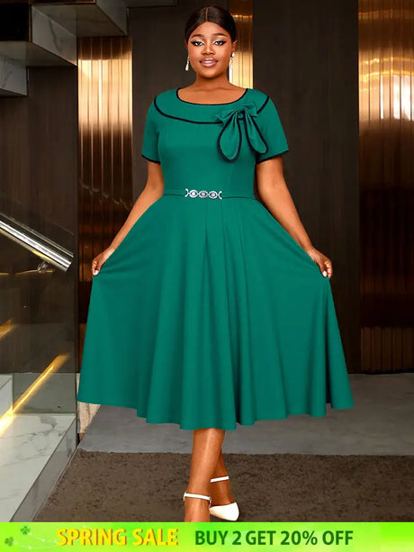 AOMEIDRESS Elegant Midi A Line Church Dress O Neck With Bow Pleated Green / 0XL