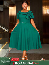 AOMEIDRESS Elegant Midi A Line Church Dress O Neck With Bow Pleated Green / 0XL