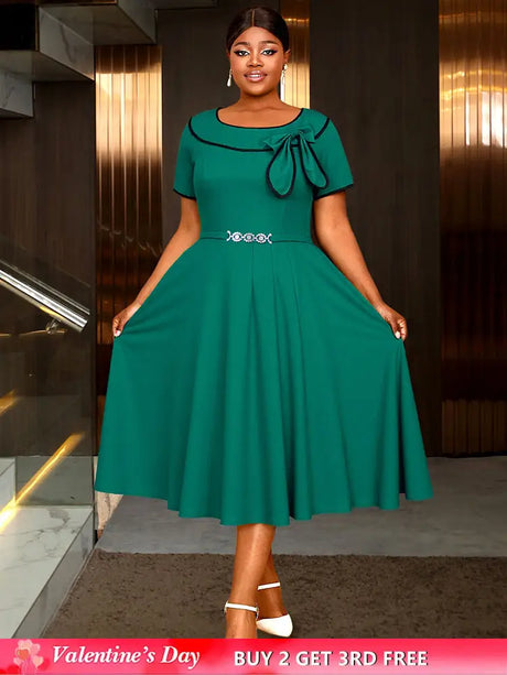 AOMEIDRESS Elegant Midi A Line Church Dress O Neck With Bow Pleated Green / 0XL