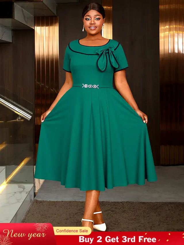 AOMEIDRESS Elegant Midi A Line Church Dress O Neck With Bow Pleated Green / 0XL