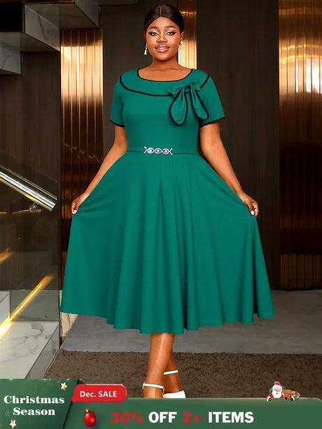 AOMEIDRESS Elegant Midi A Line Church Dress O Neck With Bow Pleated Green / 0XL