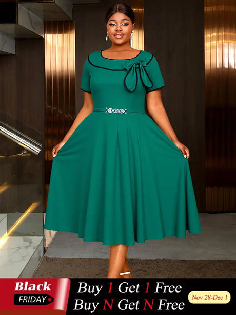 AOMEIDRESS Elegant Midi A Line Church Dress O Neck With Bow Pleated Green / 0XL