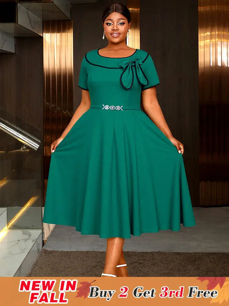 AOMEIDRESS Elegant Midi A Line Church Dress O Neck With Bow Pleated Green / 0XL