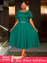 AOMEIDRESS Elegant Midi A Line Church Dress O Neck With Bow Pleated Green / 0XL