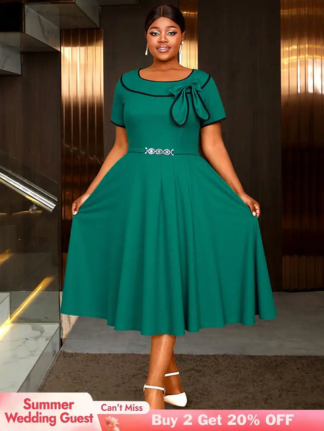 AOMEIDRESS Elegant Midi A Line Church Dress O Neck With Bow Pleated Green / 0XL