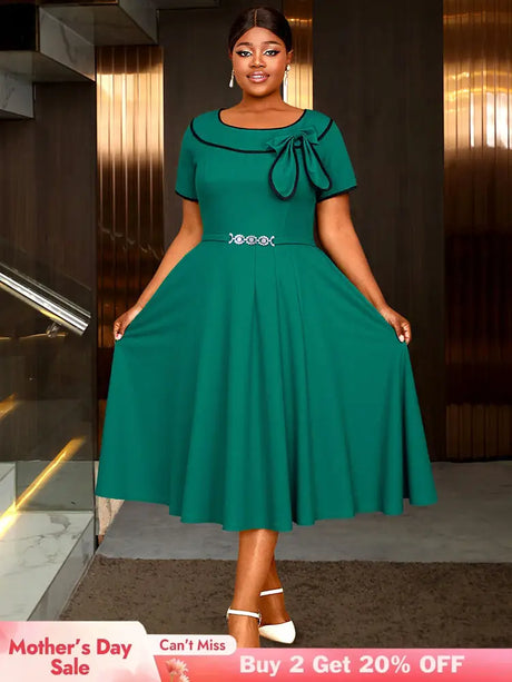 AOMEIDRESS Elegant Midi A Line Church Dress O Neck With Bow Pleated Green / 0XL