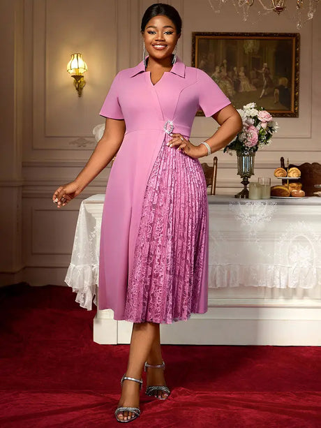 AOMEIDRESS Elegant Midi A Line Patchwork Lace Dress Diamond Waist Belt