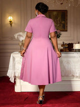 AOMEIDRESS Elegant Midi A Line Patchwork Lace Dress Diamond Waist Belt