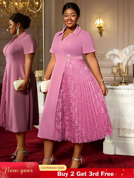 AOMEIDRESS Elegant Midi A Line Patchwork Lace Dress Diamond Waist Belt Pink / 0XL