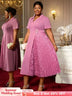 AOMEIDRESS Elegant Midi A Line Patchwork Lace Dress Diamond Waist Belt Pink / 0XL