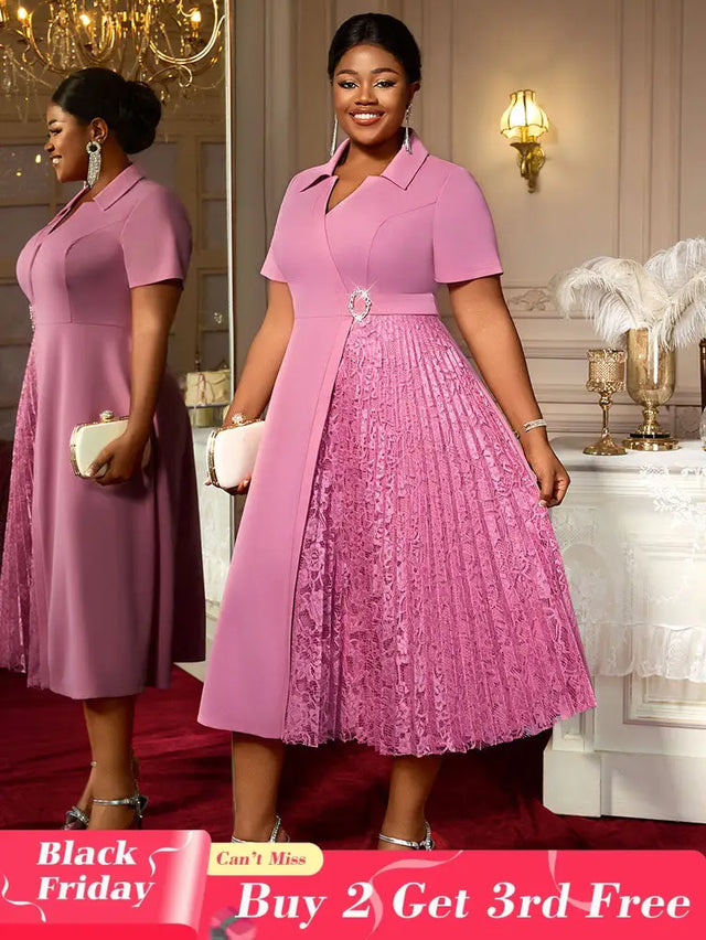 AOMEIDRESS Elegant Midi A Line Patchwork Lace Dress Diamond Waist Belt Pink / 0XL