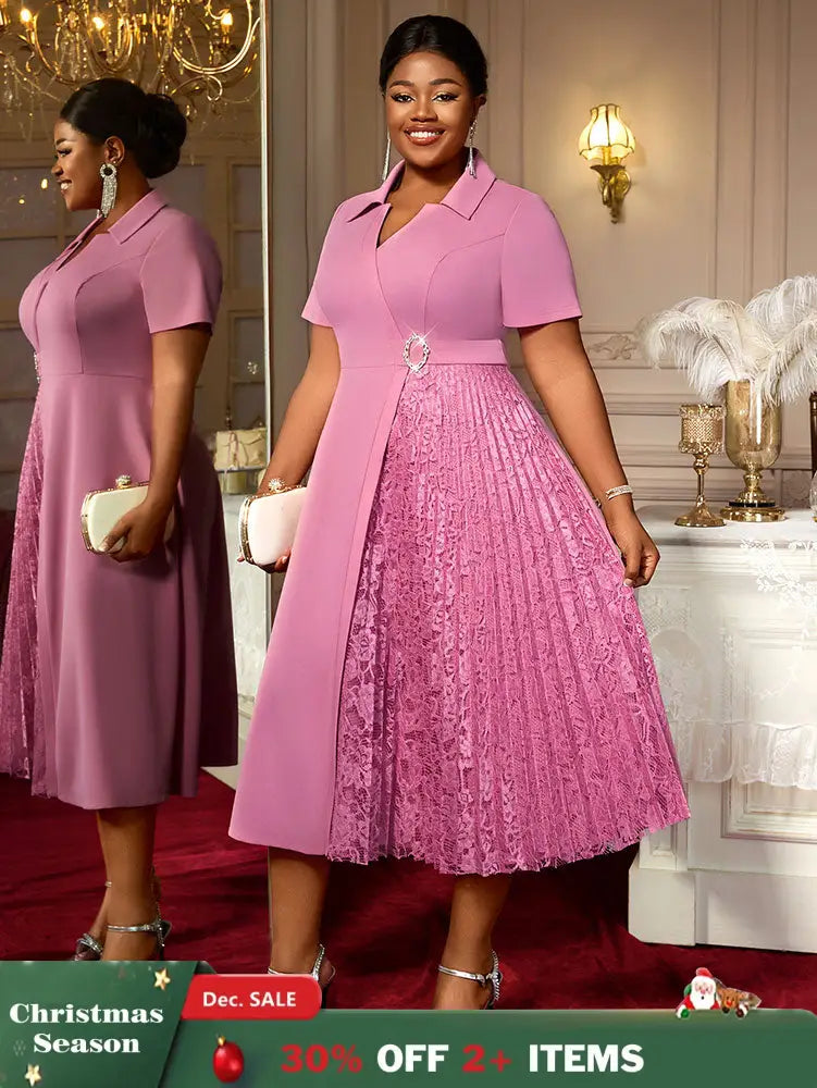 AOMEIDRESS Elegant Midi A Line Patchwork Lace Dress Diamond Waist Belt Pink / 0XL