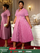 AOMEIDRESS Elegant Midi A Line Patchwork Lace Dress Diamond Waist Belt Pink / 0XL