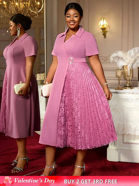 AOMEIDRESS Elegant Midi A Line Patchwork Lace Dress Diamond Waist Belt Pink / 0XL