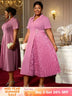 AOMEIDRESS Elegant Midi A Line Patchwork Lace Dress Diamond Waist Belt Pink / 0XL