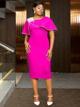 AOMEIDRESS Elegant Midi Beading Feather Cape Dress for Wedding Guest