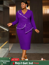 AOMEIDRESS Elegant Midi Beading Peplum Dress for Party Wedding Guest DarkPurple / S