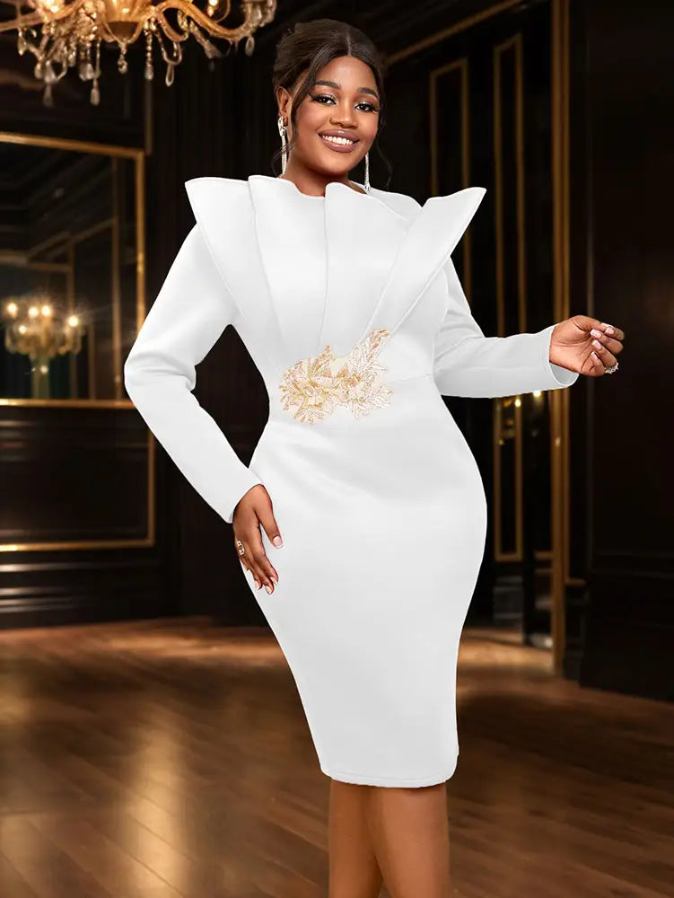 AOMEIDRESS Elegant Midi Embroidery Church Dress Long Sleeve O Neck