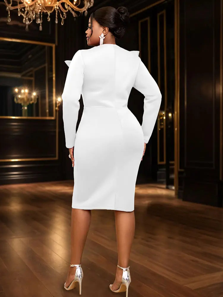 AOMEIDRESS Elegant Midi Embroidery Church Dress Long Sleeve O Neck