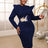 AOMEIDRESS Elegant Midi Embroidery Church Dress Long Sleeve O Neck Navy / S